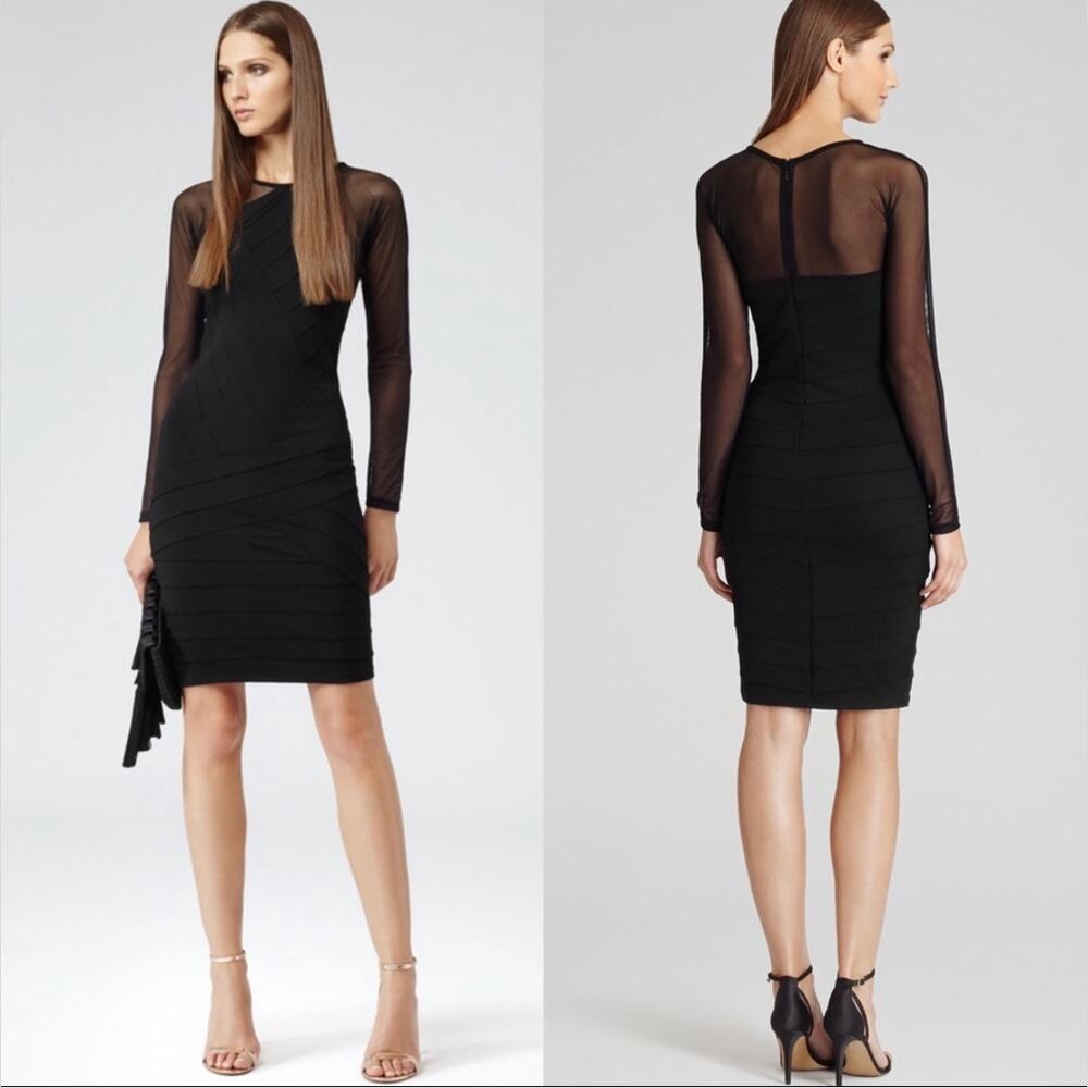 REISS Black Calo Bodycon Bandage Style Cocktail Dress sheer mesh yoke Size 8